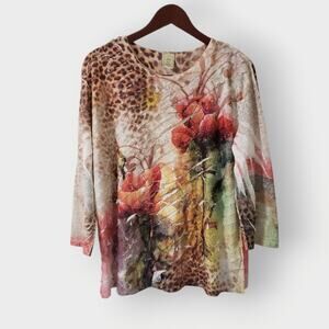 Jess & Jane Garden Of Cheetah Top Sz 1X Ruffled Layered Colorful Floral Artsy